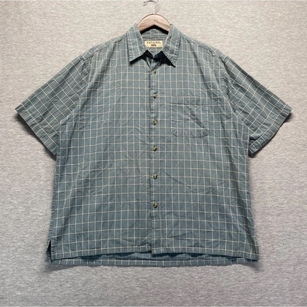 Savane Button Up Shirt Mens Large Teal Check Chest Pocket Short Sleeve Side Slit
